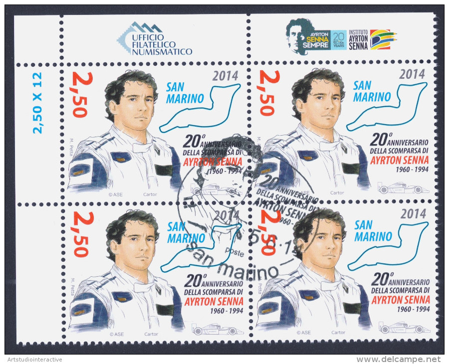 2014 SAN MARINO "20° ANNIVERSARIO SCOMPARSA AYRTON SENNA" QUARTINA ANNULLO PRIMO GIORNO - Used Stamps