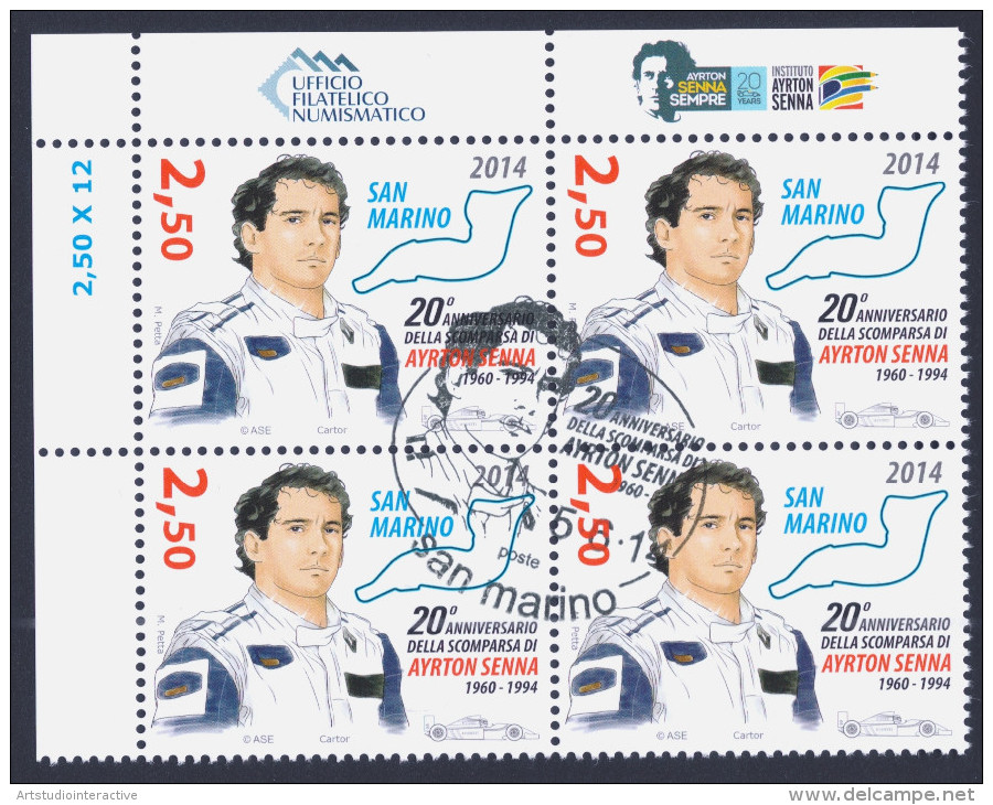 2014 SAN MARINO "20° ANNIVERSARIO SCOMPARSA AYRTON SENNA" QUARTINA ANNULLO PRIMO GIORNO - Usati