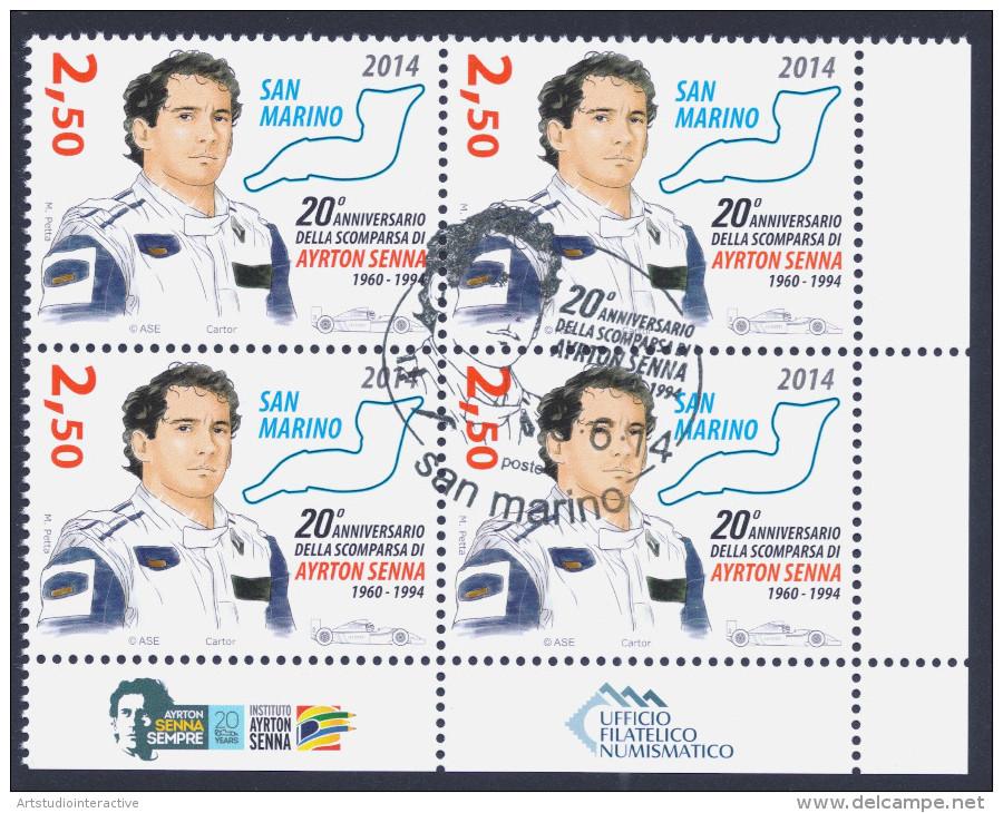 2014 SAN MARINO "20° ANNIVERSARIO SCOMPARSA AYRTON SENNA" QUARTINA ANNULLO PRIMO GIORNO - Oblitérés