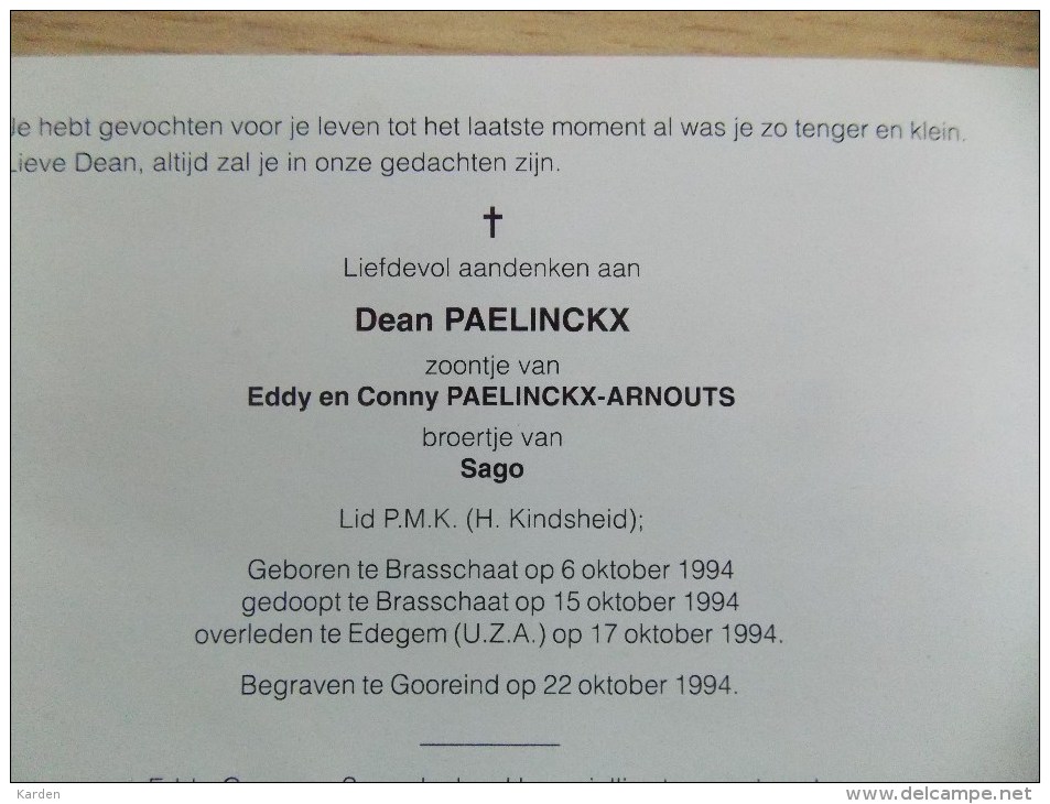 Doodsprentje Dean Paelinckx Brasschaat 6/10/1994 Edegem 17/10/1994 ( Z.v. Eddy En Conny Arnouts ) - Religion & Esotericism