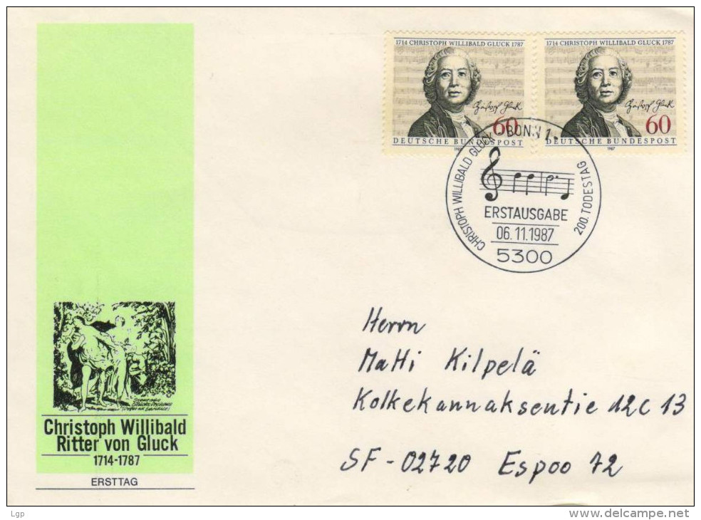 Deutschland/Germany, FDC 1987 (Michel 1343), Christoph Willibald Gluck, Komponist/composer, Noten/notaion  (HOV-1431) - Música