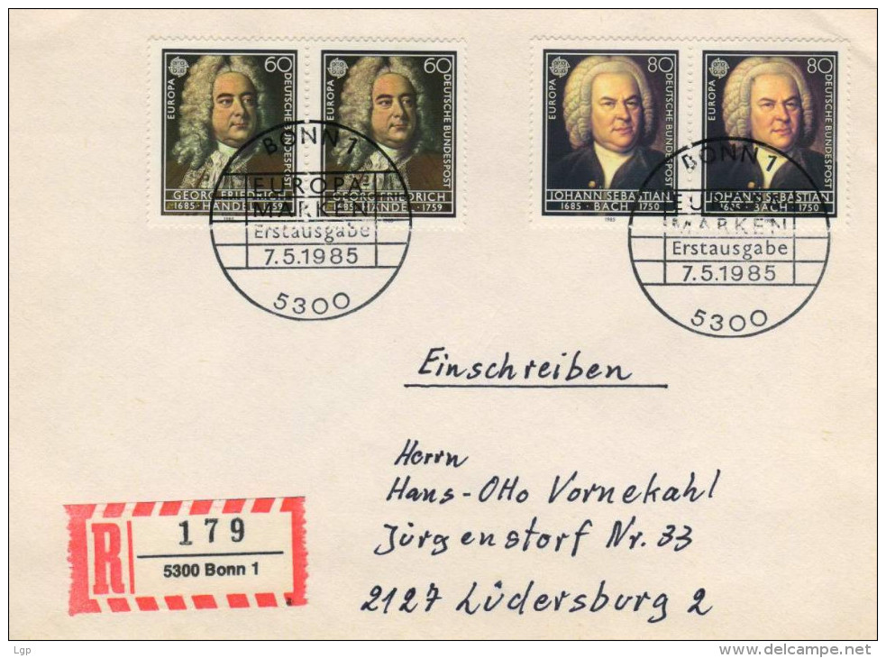 Deutschland/Germany, FDC 1985 (Michel 1248/1249),  G.F.Händel, J.S.Bach, Komponist/composer, Europa/Europe  (HOV-1433) - Música