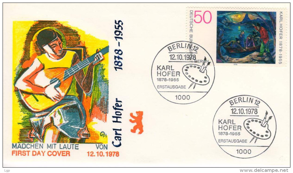 Berlin, FDC 1978 (Michel572), Malerei/painting, Musik/music, Karl Hofer, Laute/lute  (HOV-1438) - Música