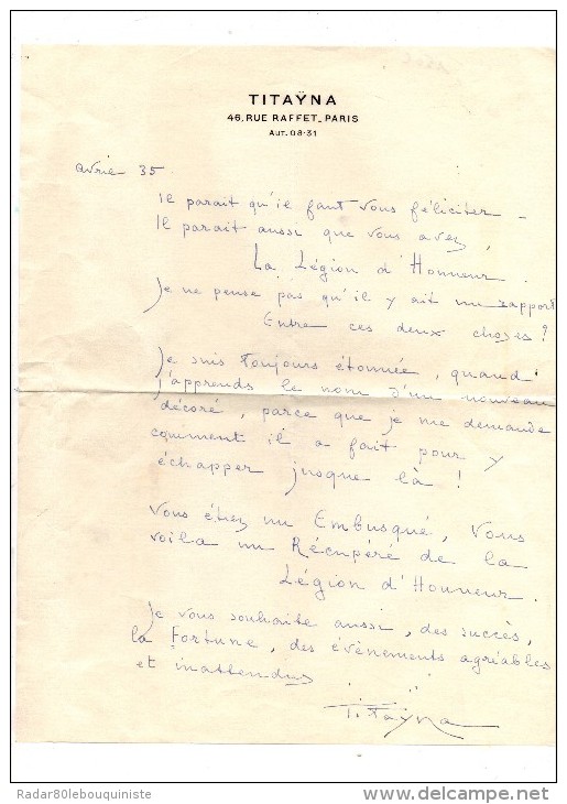 Titaÿna.Lettre Autographe Signée.1 Page Sur Du Papier  à En-tête De Titaÿna.15 Lignes.envoi à Claude Gevel .Avril 1935. - Autres & Non Classés