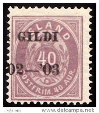 1902. I GILDI. 40 Aur Lilac. Perf. 12 3/4. Black Overprint Misplaced Overprint.. (Michel: 32B) - JF156338 - Used Stamps