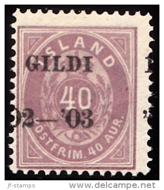 1902. I GILDI. 40 Aur Lilac. Perf. 12 3/4. Black Overprint Misplaced Overprint.. (Michel: 32B) - JF156337 - Used Stamps
