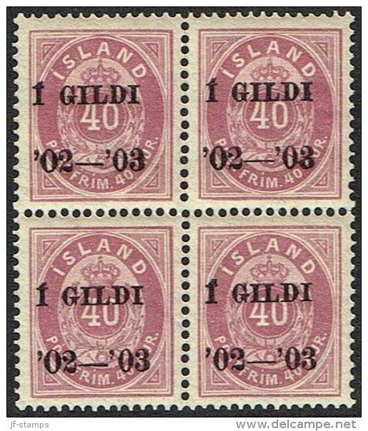 1902. I GILDI. 40 Aur Lilac. Perf. 14x13½. Black Overprint Superb Block-of-four. (Michel: 32A) - JF160748 - Used Stamps