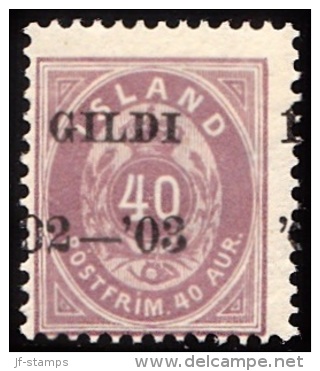 1902. I GILDI. 40 Aur Lilac. Perf. 12 3/4. Black Overprint Misplaced Overprint.. (Michel: 32B) - JF156339 - Used Stamps