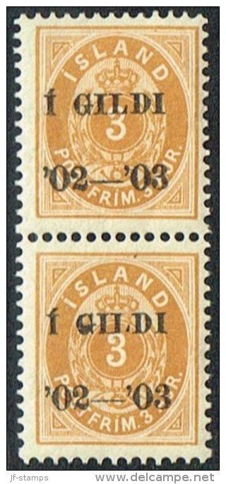 1902. I GILDI. 3 Aur Yellow. Black Overprint. Perf. 12 3/4. Large 3. Pair. (Michel: 24B) - JF159863 - Used Stamps