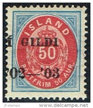 1902. I GILDI. 50 Aur Blue/red. Perf. 14x13½. Black Overprint. Parts Of Two Watermarks. (Michel: 33A) - JF160553 - Used Stamps