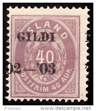 1902. I GILDI. 40 Aur Lilac. Perf. 12 3/4. Black Overprint Misplaced Overprint.. (Michel: 32B) - JF156340 - Used Stamps