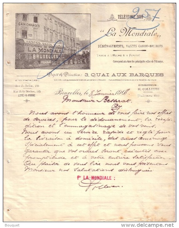 BELGIQUE - BRUXELLES - DEMENAGEMENTS , VASTES GARDE MEUBLES - CAMIONAGES - " LA MONDIALE " - LETTRE - 1908 - 1900 – 1949