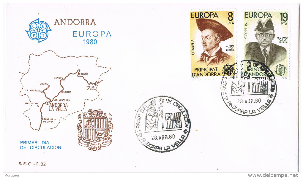 11399. Carta F.D.C. ANDORRA Española 1980. Mapa Y Tema Europa - Lettres & Documents