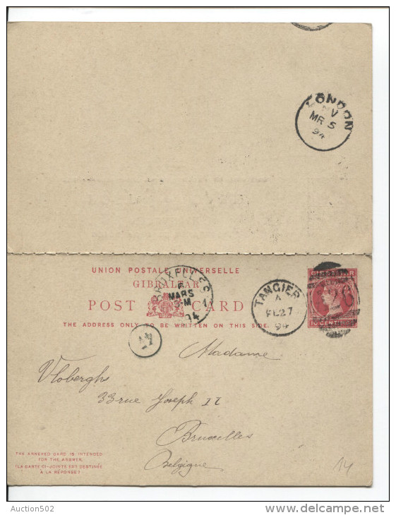 Entier CP PSC Gibraltar Tangier 1894 To Bruusels Arrival Canc.transit London PR1589 - Gibraltar