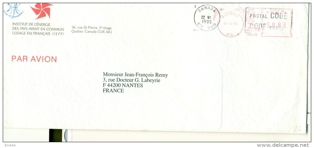 Canada 1995 Quebec Cover IEPF Postmark Mechanical Pitney Bowes Institut Energie Francais - Perforadas