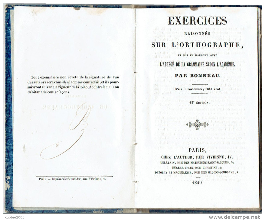 EXERCICES RAISONNES SUR L ORTHOGRAPHE 1849 PAR BONNEAU - 1801-1900