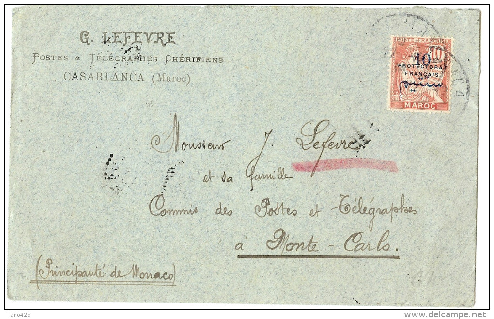 LPP7- MAROC - MOUCHON 10c SURCHARGE PROTECTORAT SUR LETTRE CASABLANCA/MONTE CARLO 20/12/1914 (?) CACHET ARRIVEE 3/1/15 - Covers & Documents