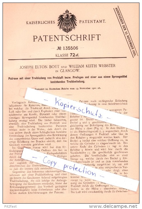 Original Patent - J. E. Bott And W. Webster In Glasgow , 1901 , Cartridge With Compressed Air Propellant , Ammunition !! - Documents