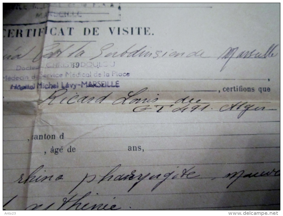 CERTIFICAT DE VISITE MEDICAL DU SOLDAT RICARD LOUIS ST MAXIMIN LA SAINTE BEAUNE  MILITARIA - Dokumente