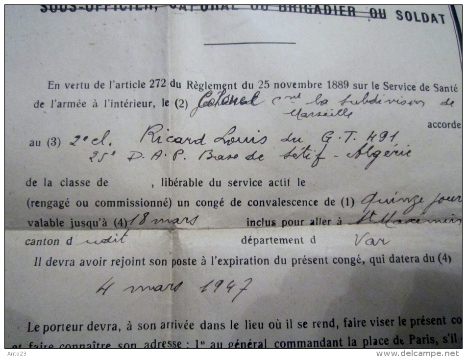 CERTIFICAT CONGE DE CONVALESCENCE DU SOLDAT RICARD LOUIS ST MAXIMIN LA SAINTE BEAUNE  MILITARIA - Documents