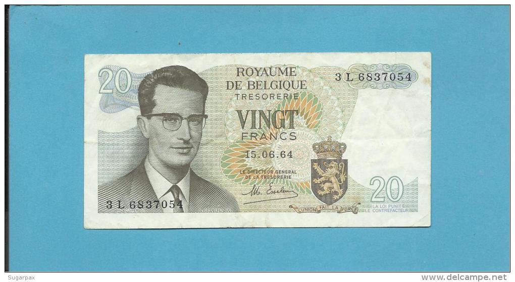 BELGIUM - 20 FRANCS - 15.06.1964 - P 138 - Sign. 19 - Prefix 3 L - King Baudouin I - BELGIE BELGIQUE - 2 Scans - 20 Francs