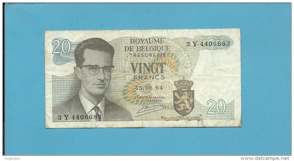 BELGIUM - 20 FRANCS - 15.06.1964 - P 138 - Sign. 20 - Prefix 3 Y - King Baudouin I - BELGIE BELGIQUE - 2 Scans - 20 Francs