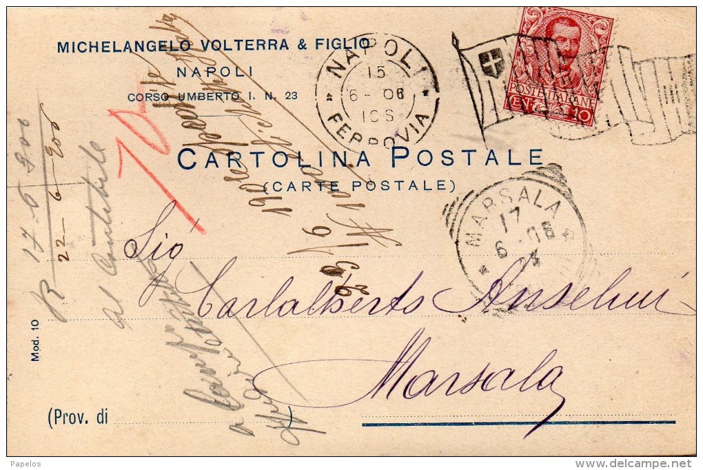 1906 CARTOLINA CON ANNULLO NAPOLI X MARSALA + ANNULLO A BANDIERA - Marcophilia