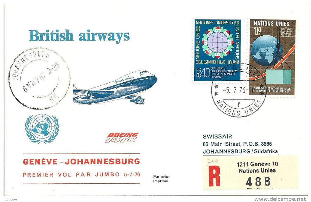 Luftpost  "British Airways - Erstflug Jumbo 747B  Genève - Johannesburg"               1976 - Premiers Vols