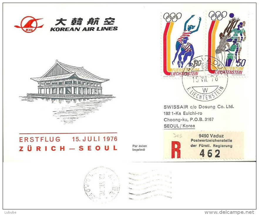 Luftpost  "Korean Air Lines - Erstflug  Zürich - Seoul"  (FL-Frankatur)             1976 - Premiers Vols