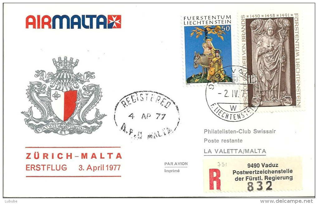 Luftpost  "Air Malta - Erstflug  Zürich - Malta"  (FL-Frankatur)             1977 - Premiers Vols