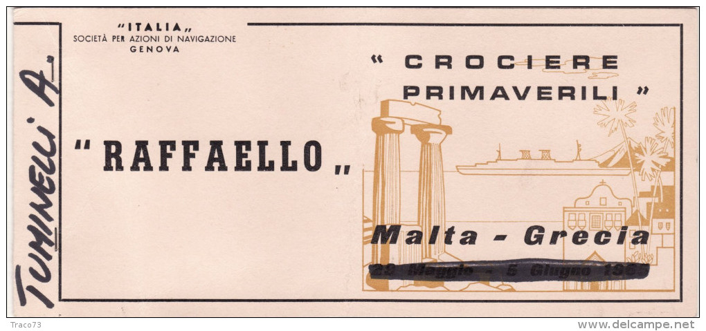 TRANSATLANTICO  " RAFFAELLO "  1965  /   Ticket - Biglietto Escursione Integro - Europa