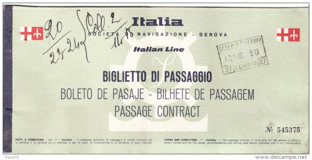 TRANSATLANTICO  " RAFFAELLO "  1965  /   Ticket - Biglietto Di Passaggio Di 1^ Classe - Europe