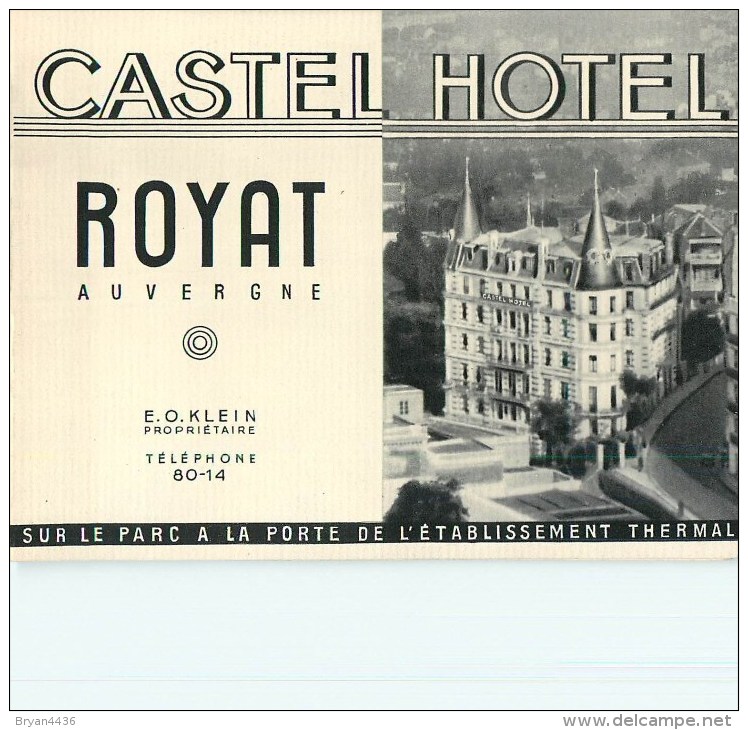 63 - Royat - ** Castel Hôtel ** - Carte Commerciale Ancienne Double - Bon état. - Restaurants