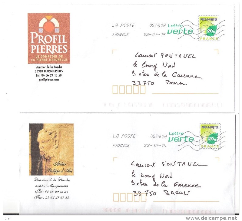 2 Lettres PAP Lettre Verte Repiquage Privé 20 G " Feuille "obl TB - PAP: Private Aufdrucke