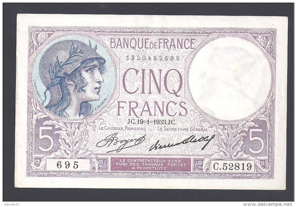 Billet  5 Fr Du  19 -1 -1933 - 5 F 1917-1940 ''Violet''