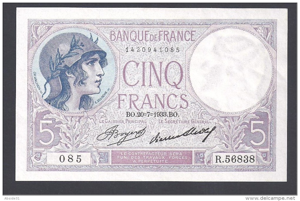 Billet  5 Fr Du  20 -7 -1933 - 5 F 1917-1940 ''Violet''