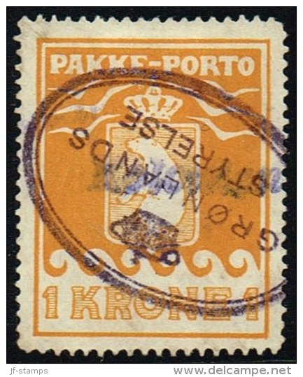 1930.  PAKKE PORTO. 1 Kr. Yellow. Thiele. Perf. 11 ½. Cancelled Twice. Scarce. (Michel: 11A) - JF158277 - Spoorwegzegels