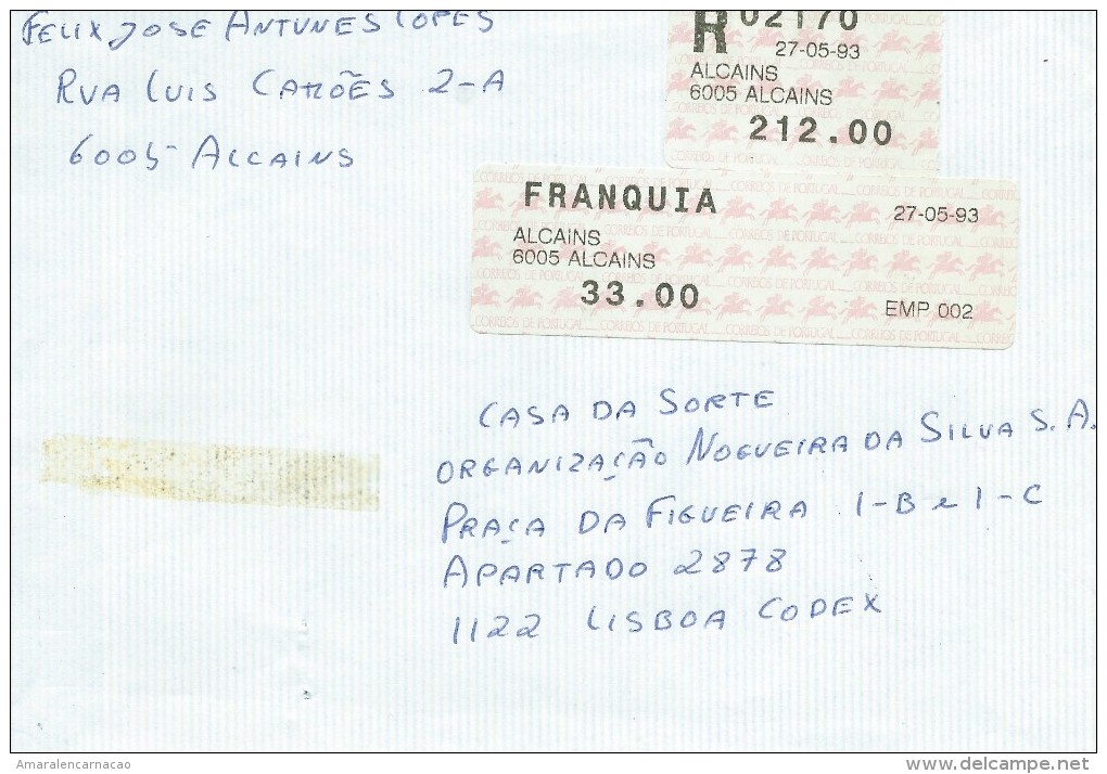 TIMBRES - LETTRE RECOMMANDÉE - (MARCOPHILIE) - PORTUGAL - EMA (EMPREINTES MACHINES) - ALCAINS 27-05-93 - Machines à Affranchir (EMA)