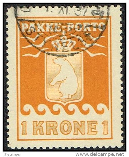 1937. PAKKE PORTO. 1 Kr. Yellow. Andreasen & Lachmann Litho. Perf. 11. Steelcancel GRØN... (Michel: 14) - JF171355 - Spoorwegzegels