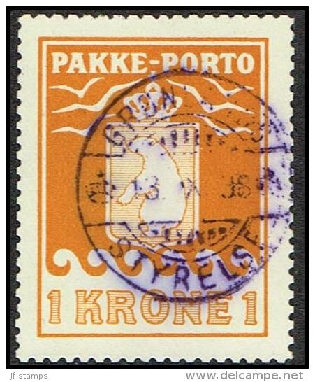1937. PAKKE PORTO. 1 Kr. Yellow. Andreasen & Lachmann Litho. Perf. 11. Steelcancel GRØN... (Michel: 14) - JF171354 - Spoorwegzegels