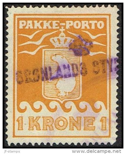 1930.  PAKKE PORTO. 1 Kr. Yellow. Thiele. Perf. 11 ½. With Two Cancels GRØNLANDS STYREL... (Michel: 11A) - JF171357 - Spoorwegzegels