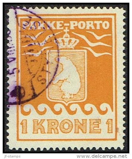 1930.  PAKKE PORTO. 1 Kr. Yellow. Thiele. Perf. 11 ½. Steel Cancel  GRØNLANDS STYRELSE ... (Michel: 11A) - JF171364 - Spoorwegzegels