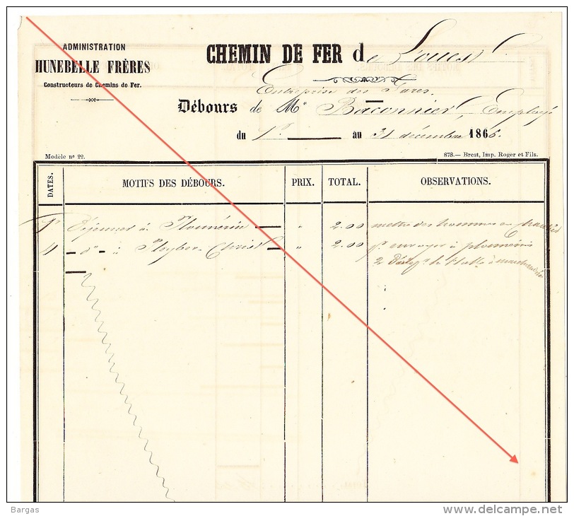 Débours 1886 Chemin De Fer De L´ouest De Guingamp à Brest Construction Des Gares Employé - Documents Historiques