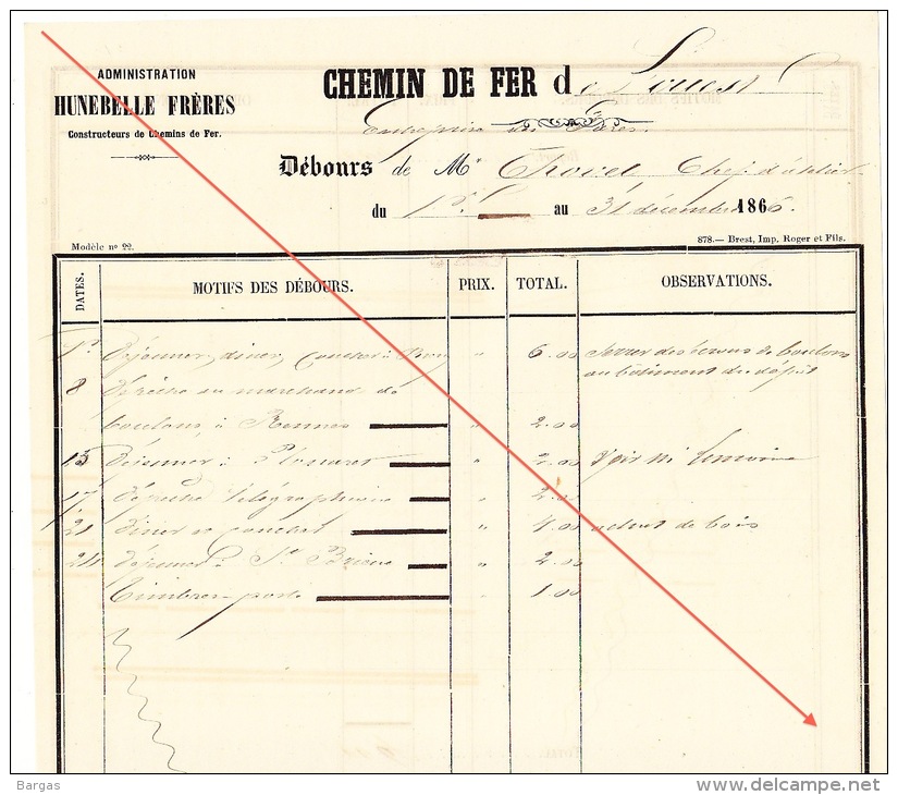 Débours 1886 Chemin De Fer De L´ouest De Guingamp à Brest Construction Des Gares Chovet Chef Atelier - Documents Historiques