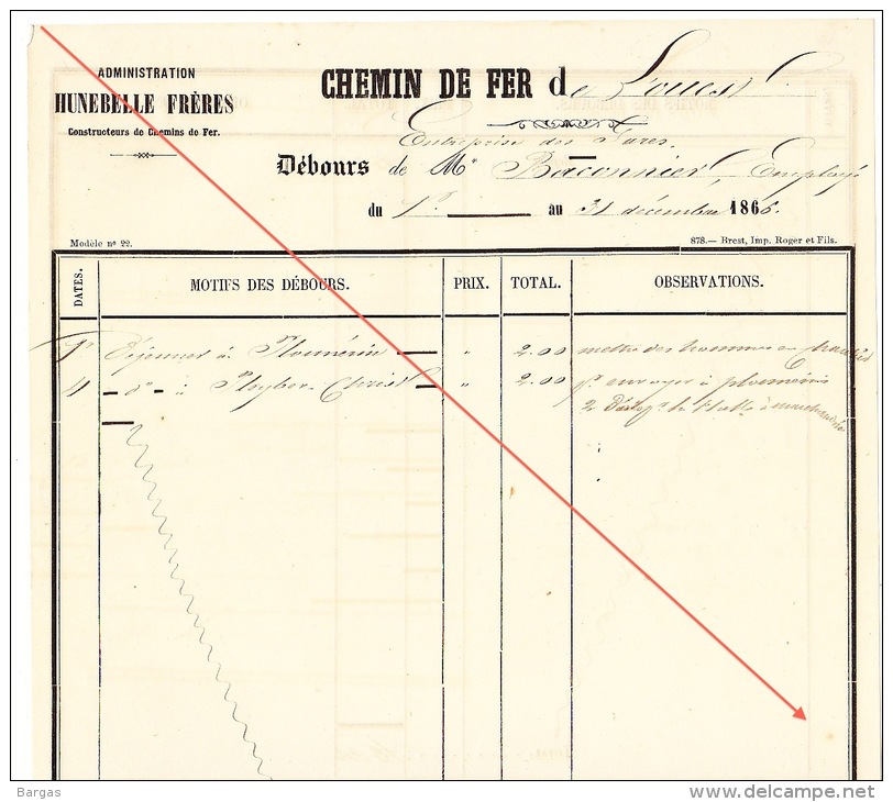 Débours 1886 Chemin De Fer De L´ouest De Guingamp à Brest Construction Des Gares Baconnier Employé - Documents Historiques
