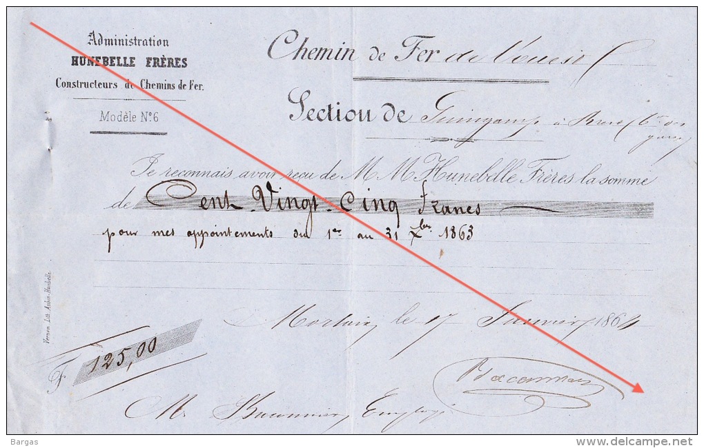 Reçu 1863 Chemin De Fer De L´ouest De Guingamp à Brest Construction Des Gares Baconnier Employé - Documents Historiques