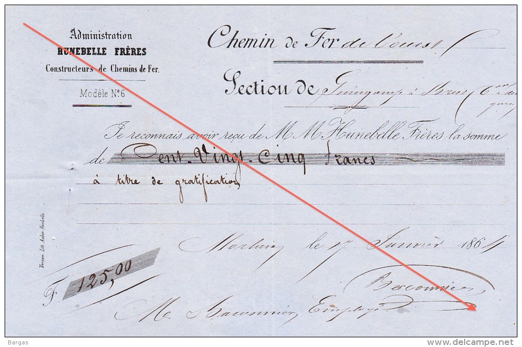 Reçu 1864 Chemin De Fer De L´ouest De Guingamp à Brest Construction Des Gares Baconnier Employé - Documents Historiques