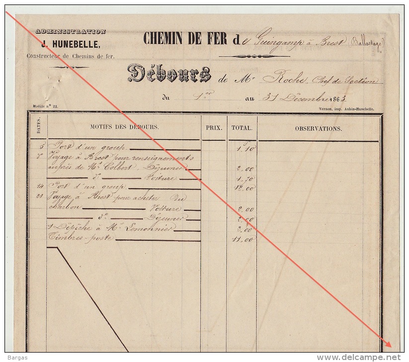 Debours 1863 Chemin De Fer De L´ouest De Guingamp à Brest Construction Des Gares Roche Chef Section - Documents Historiques