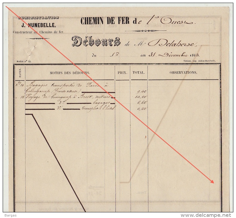 Debours 1863 Chemin De Fer De L´ouest De Guingamp à Brest Construction Des Gares Delaherse Caissier - Documents Historiques