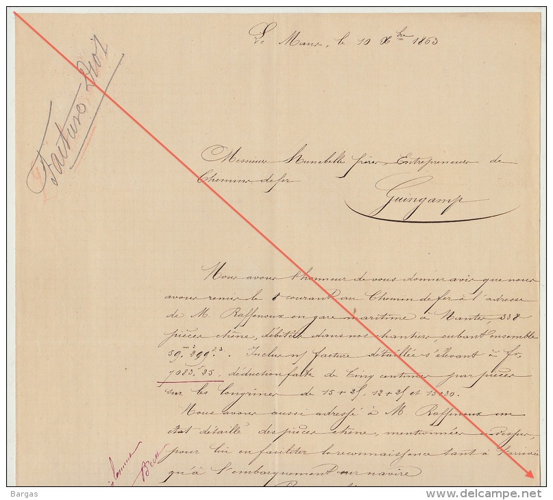 Courrier 1863 Diot Carel Fouché Livraison Bois Pour Chemins De Fer De L´ouest Nantes Gare Maritime - Documents Historiques